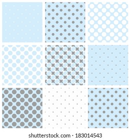 Blue, white and grey vector background set. Pastel seamless abstract patterns or textures with polka dots and cross plaid for square desktop wallpaper or kids website design