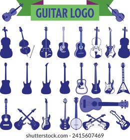 blue and white guitars. Acoustic and electric guitar outline musical instruments Vector isolated silhouette guitare doodle set