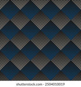 Blue and white halftone rhombs on black background. Abstract vector seamless pattern.