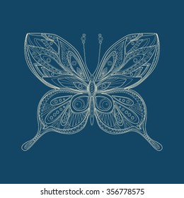 Blue and white hand drawn butterfly for coloring book, shirt design or tattoo, invitations, cards