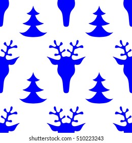 Blue and white hand drawn seamless Christmas pattern with deer heads and new year trees for textile, fabric, paper