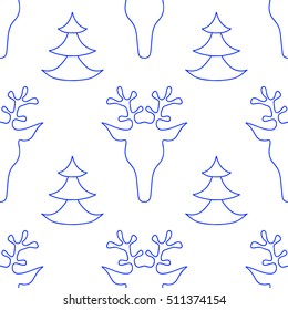 blue and white hand drawn seamless Christmas pattern with deer and new year tree for textile, fabric, paper