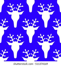 blue and white hand drawn seamless Christmas pattern with deer for textile, fabric, paper