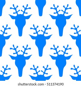 blue and white hand drawn seamless Christmas pattern with deer heads for textile, fabric, paper