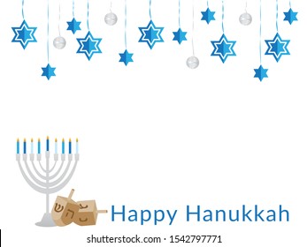 Blue White Hanging Ornaments, Hanukkah Menorah with Blue White Candles, Dreidels and Happy Hanukkah Text