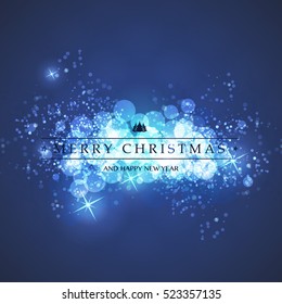 Blue and White Happy Holidays, Merry Christmas Greeting Card With Label on a Sparkling Blurred Background