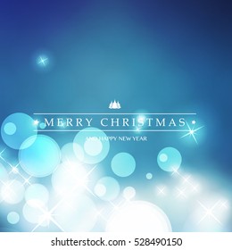 Blue and White Happy Holidays, Merry Christmas, New Year Greeting Card With Label on a Sparkling Blurred Background