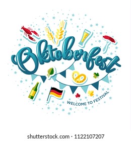 Blue and white header with icons and text Oktoberfest. Vector illustration.