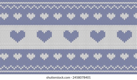 Blue and white heart knitted pattern, Festive Sweater Design. Seamless Knitted Pattern, Knitted pattern for mother's day.