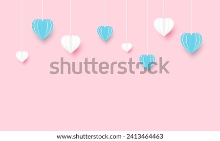 Blue and white heart paper cut out on pastel pink background.Love symbol vector graphic illustration backdrop wallpaper.Valentine's day, wedding, love, anniversary.