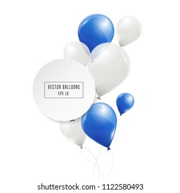 Blue and white helium balloons isolated on white background. Flying latex ballons. Vector illustration.