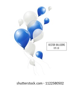 Blue and white helium balloons isolated on white background. Flying latex ballons. Vector illustration.