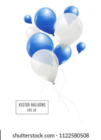 Blue and white helium balloons isolated on white background. Flying latex ballons. Vector illustration