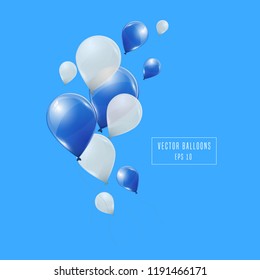 Blue and white helium balloons isolated on blue background. Flying latex ballons. Vector illustration