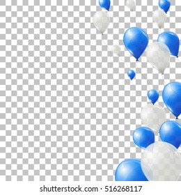 Blue and white helium balloons on transparent background. Flying latex ballons. Vector illustration. 
