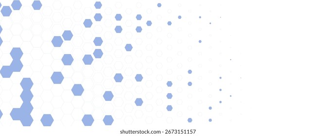 Blue white Hexagon honeycomb pattern fading geometric shape texture. Abstract futuristic background for technology, science, data UI design, skin care medical product, web banner. Vector backdrop