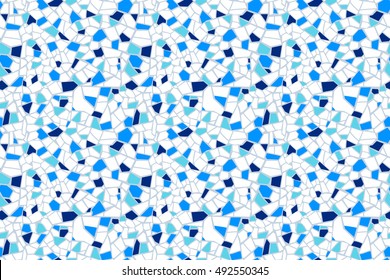 Blue And White Horizontal Background. Vector Abstract Seamless Mosaic Pattern. For Design And Decorate Backdrop. Endless Texture. Ceramic Tile Fragments. Colorful Broken Tiles (trencadis).