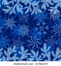 Blue and white horizontal seamless background for holiday Christmas design with spruce branches, stars and snowflakes. Eps10, contains transparencies. Vector