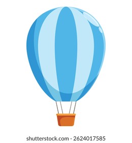Blue and white hot air balloon is floating through the air, representing concepts like travel, adventure, and freedom