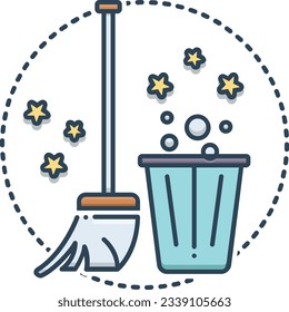 a blue and white icon of a bucket with a mop and stars
