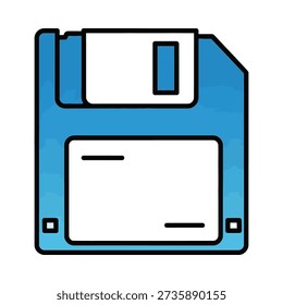 A blue and white icon of a floppy disk on a white background