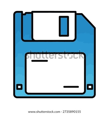A blue and white icon of a floppy disk on a white background