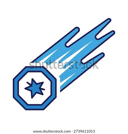 A blue and white icon of a star with streaks of light