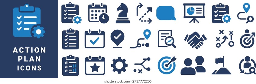 Iconos azules y blancos para la estrategia y el negocio del Plan de la acción en el Vector azul oscuro del fondo 1