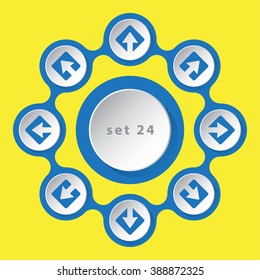 blue white icons - arrows in eight directions on a yellow background