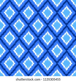 Blue and white ikat ornament geometric abstract fabric seamless pattern, vector