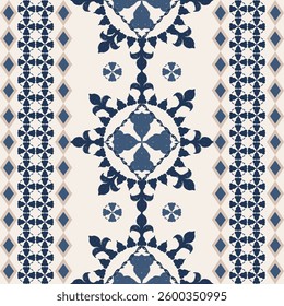 Blue and white ikat seamless oriental ornament in the style of baroque or Victorian traditional classic vector black and white pattern. Tiles and pottery patterns. Fabric edges, rugs, and carpets.