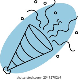 A blue and white illustration of a cone filled with colorful confetti, creating a festive atmosphere.