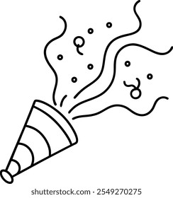 A blue and white illustration of a cone filled with colorful confetti, creating a festive atmosphere.