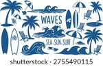 A blue and white illustration featuring various beach and surfing elements