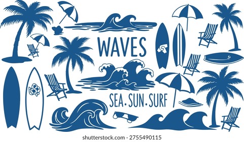 A blue and white illustration featuring various beach and surfing elements