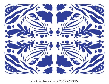 Blue and White Illustration of Floral Pattern in a Funky Layout Organic Hand-Drawn Graphic Elements. Aesthetic collection of Matisse-inspired, bold vector graphics for creative projects