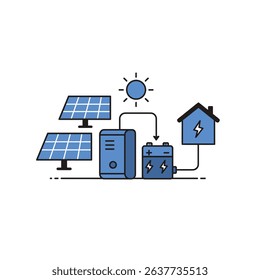Blue and White Illustration of Solar Panel and House Clean Energy Home Design