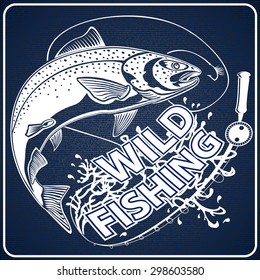 Blue and white illustration of wild salmon. Vector illustration can be used for web design, cards, logos and other design. 
