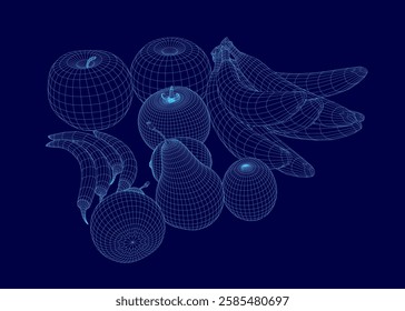 A blue and white image of fruit, including bananas, apples, and pears. The fruit is arranged in a way that makes it look like a 3D model