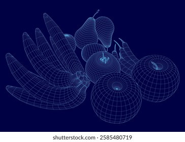 A blue and white image of fruit, including bananas, apples, and pears. The fruit is arranged in a way that makes it look like a 3D model