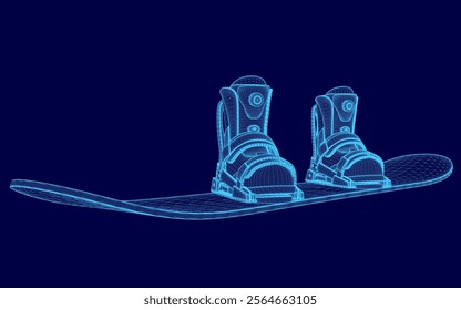 Blue and white image of a snowboard with two snowboard boots on it. The image is in a pixelated style, giving it a futuristic look