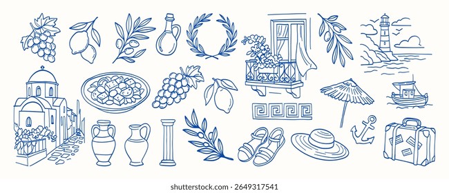 A blue and white image of various food items and objects, including a vase, a bowl, a bottle, a lemon, a grape, an umbrella, a boat, and a suitcase