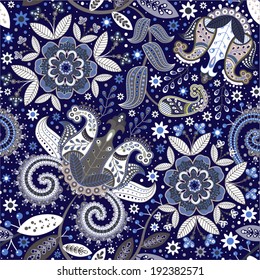 Blue and white indian seamless batik. Vector pattern with decorative flowers and paisley. Design for textile, fabric, wrapping paper, cover
