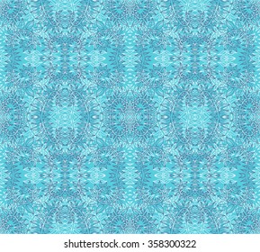 Blue and white intricate lacy vector seamless pattern with stylized floral elements; folk, rustic or boho style; also looking like frostwork, icy pattern on winter window