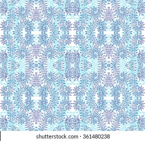 Blue and white intricate lacy vector seamless pattern with stylized floral elements; folk, rustic or boho style; also looking like frostwork, icy pattern on winter window