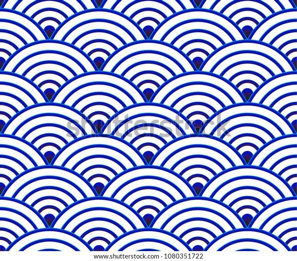 青と白の日本と中国のシームレスな模様 デザイン 磁器 中国陶磁器 陶磁器のタイル 天井 テクスチャー 壁 紙の絹と布 ベクターイラスト 簡単な波の背景 のベクター画像素材 ロイヤリティフリー