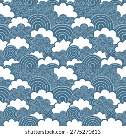 Blue and white Japanese seamless pattern featuring traditional Seigaiha ocean waves and stylized clouds for a classic oriental aesthetic.