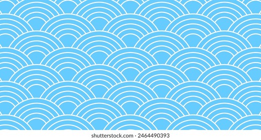 Patrón japonés de seigaiha azul y blanco. Fondo del mar o de las olas del océano. Estampado de vieiras. Escama de pez o escama de dragón. Adorno geométrico simple con Formas redondas. Ilustración gráfica Vector.