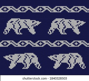 Blue and white knitted fabric with patterns and bears
