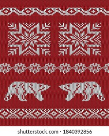 Blue and white knitted fabric with patterns and bears